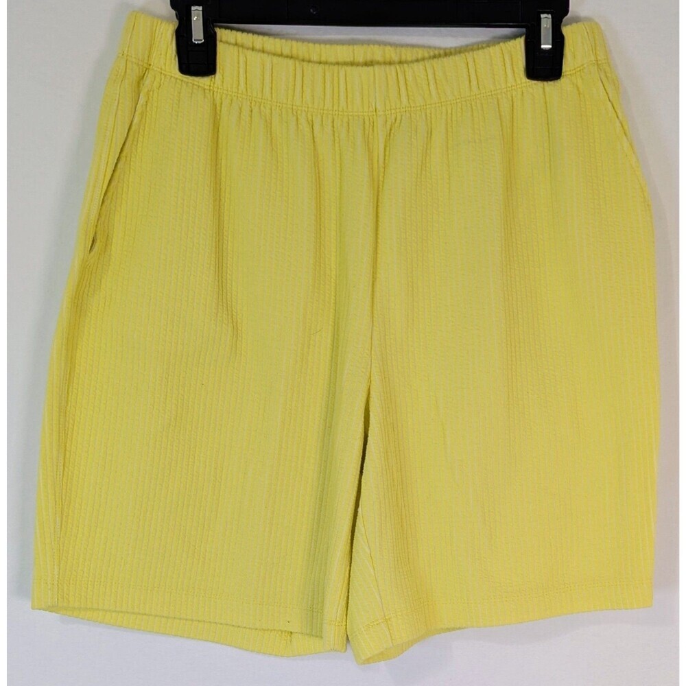Lands' End Sport Knit Shorts Medium 10-12 Yellow White Seersucker Striped Pocket